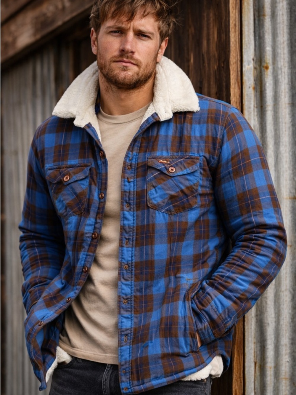 Superdry Blue & Brown Plaid Sherpa-Lined Shirt Jacket